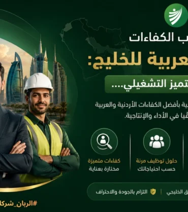 صورة ترويجية لشركة الربان توضح استقطاب الكفاءات الأردنية والعربية للخليج نحو التميز التشغيلي مع مجموعة من المحترفين وأفق مدينة حديثة.