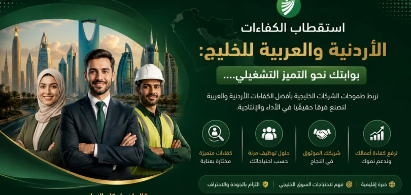 صورة ترويجية لشركة الربان توضح استقطاب الكفاءات الأردنية والعربية للخليج نحو التميز التشغيلي مع مجموعة من المحترفين وأفق مدينة حديثة.