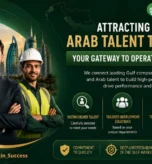 A promotional image for Al-Ruban Company illustrating the attraction of Jordanian and Arab talents to the Gulf towards operational excellence with a group of professionals and a modern city skyline.