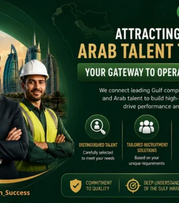 A promotional image for Al-Ruban Company illustrating the attraction of Jordanian and Arab talents to the Gulf towards operational excellence with a group of professionals and a modern city skyline.