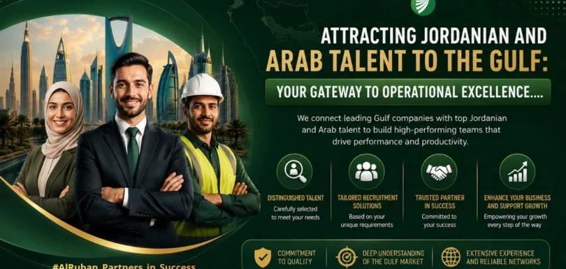 A promotional image for Al-Ruban Company illustrating the attraction of Jordanian and Arab talents to the Gulf towards operational excellence with a group of professionals and a modern city skyline.