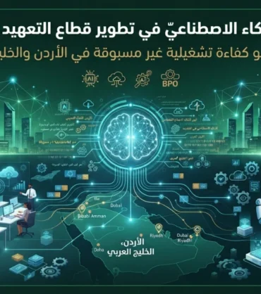 تصميم يوضح دور الذكاء الاصطناعي في تطوير قطاع التعهيد BPO وتحسين كفاءة العمليات التشغيلية لدى شركة الربان.