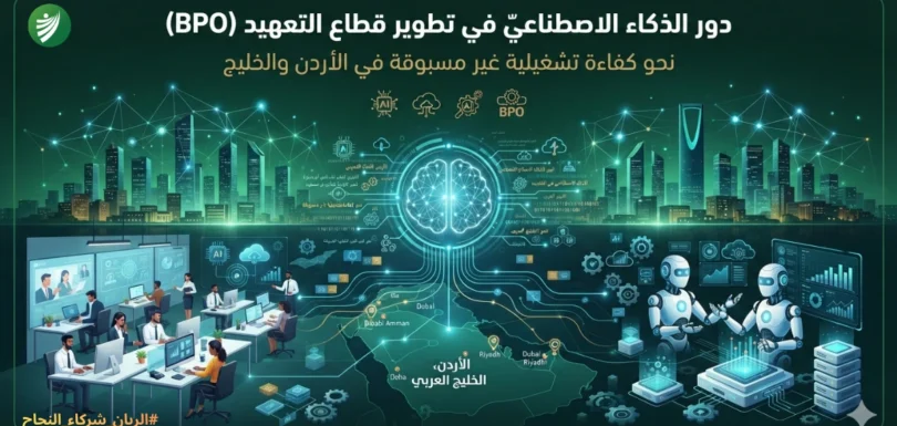 تصميم يوضح دور الذكاء الاصطناعي في تطوير قطاع التعهيد BPO وتحسين كفاءة العمليات التشغيلية لدى شركة الربان.
