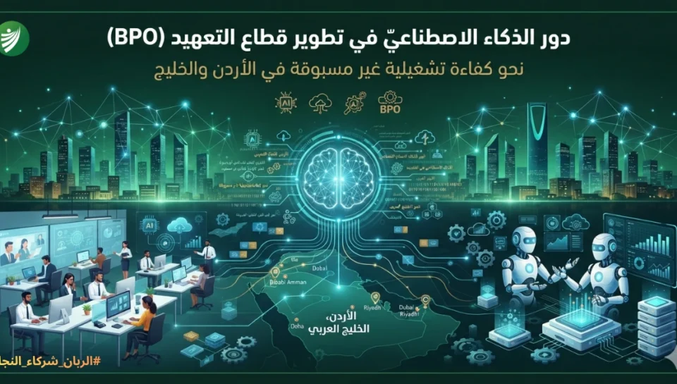 تصميم يوضح دور الذكاء الاصطناعي في تطوير قطاع التعهيد BPO وتحسين كفاءة العمليات التشغيلية لدى شركة الربان.